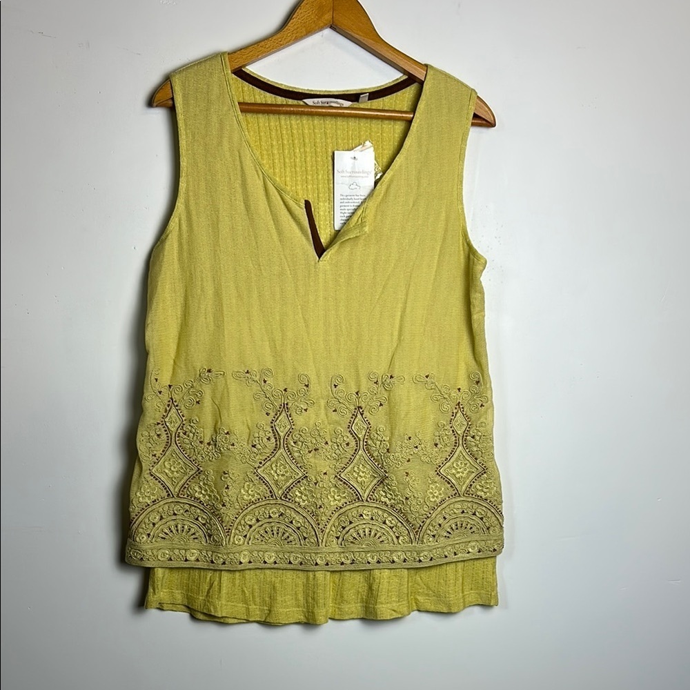 NWT Soft Surroundings S Beaded Hem Linen Sleeveless Top Boho Neutral Whimsigoth